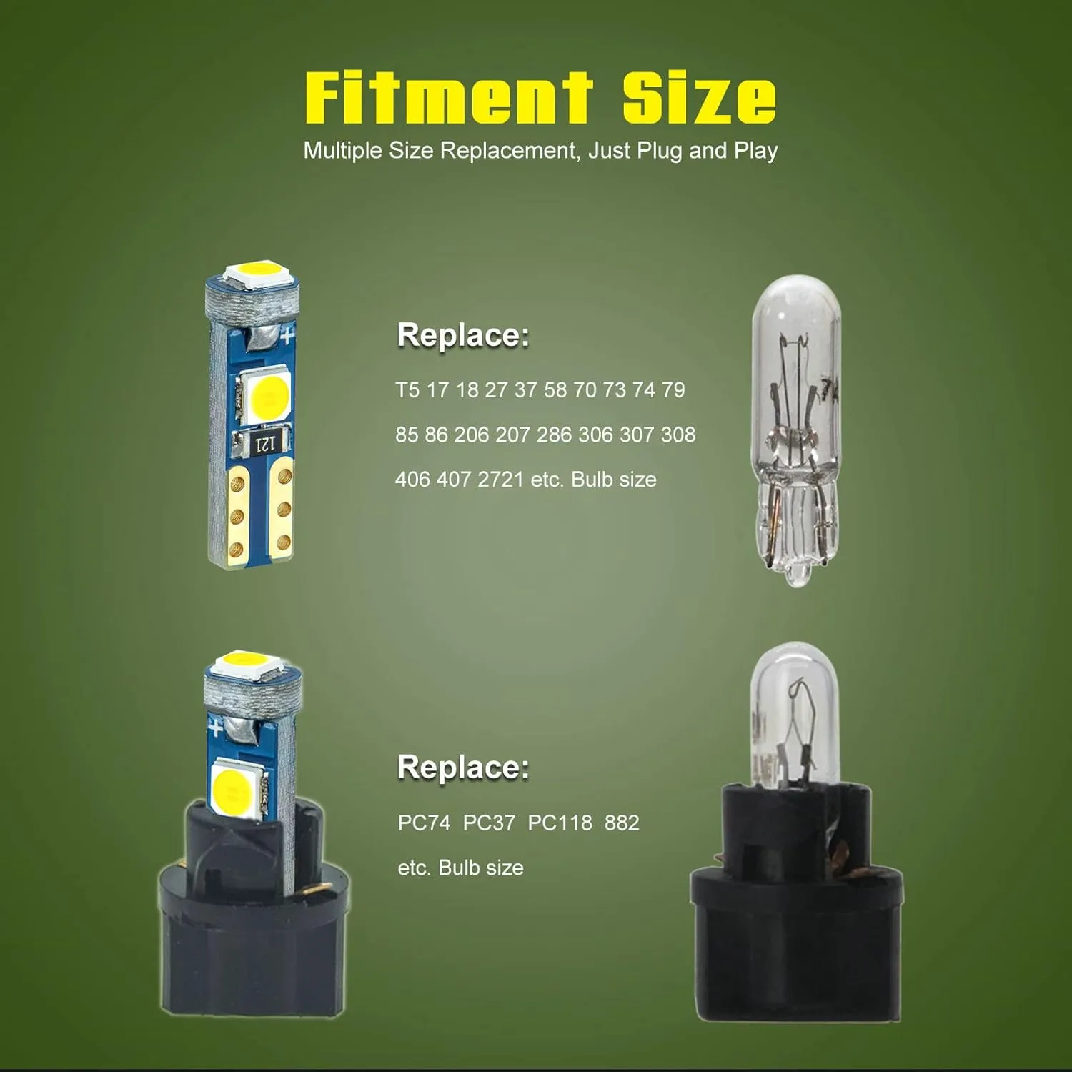 12V White T5 37 74 73 2723 2721 T10 158 168 194 2825 with Socket Instrument Cluster Light LED Bulb Replacement Dashboard Panel Gauge Indicator Lamp PC74 PC37 PC118 PC168 PC175 PC194 PC195 PC160 PC161