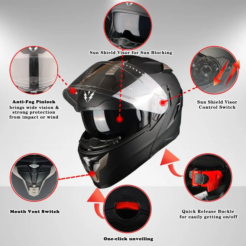 1Storm Motorcycle Modular Full Face Helmet DOT Adults Street Bike Flip up Dual Visor Sun Inner Shield Anti Fog Pinlock Ready Shield: Matt Black