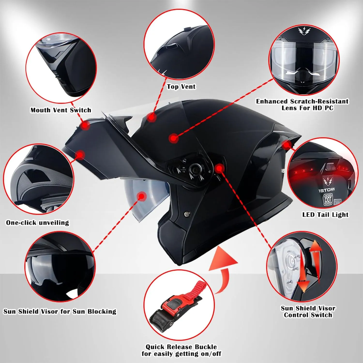1Storm New Motorcycle Bike Modular Full Face Helmet Dual Visor Sun Shield with Rechargeable LED Tail Light: LED-X90 Matt Black