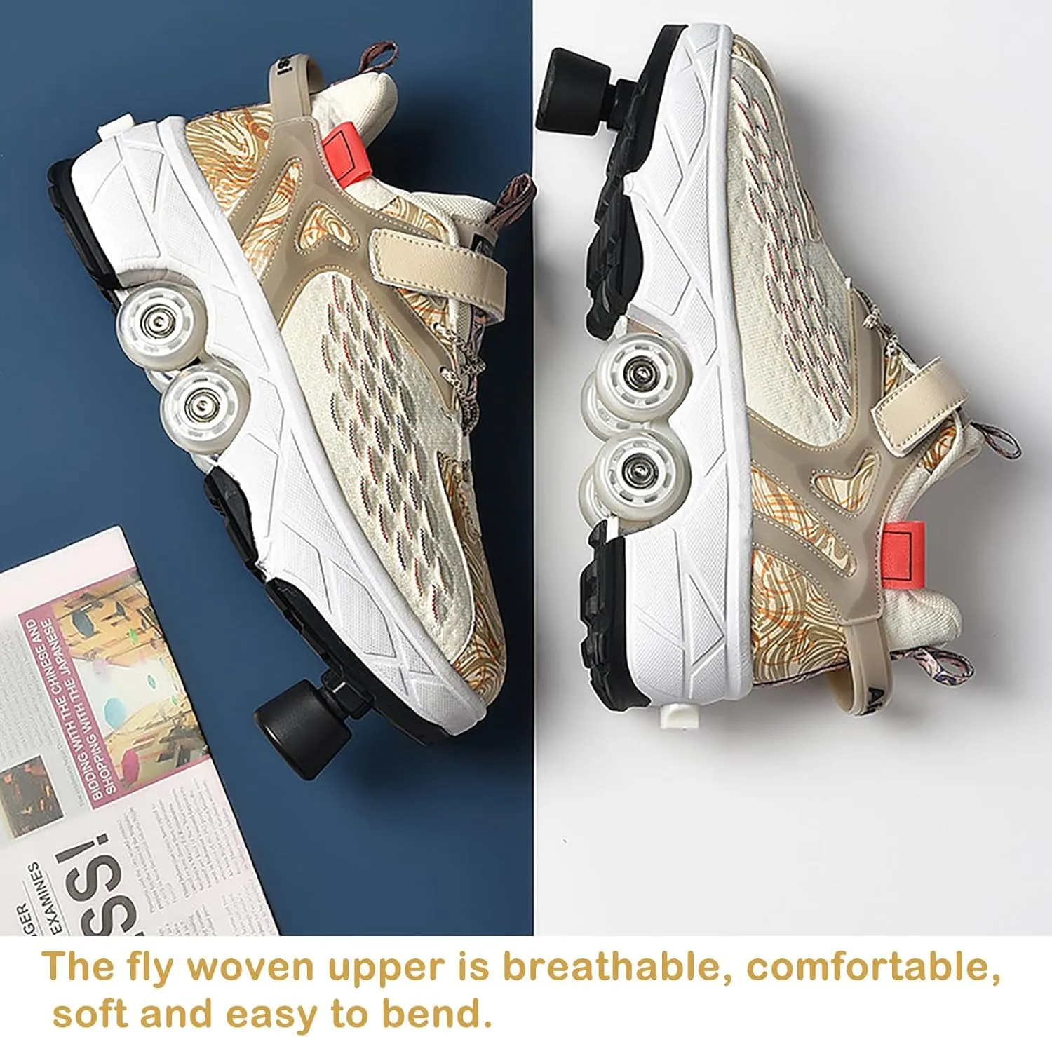 2 in 1 Deformation Roller Shoes, Roller Skate Shoes Outdoor with Detachable Brake Removable Pulley Skates Sneakers Skating Parkour with Wheels for Girls Boys