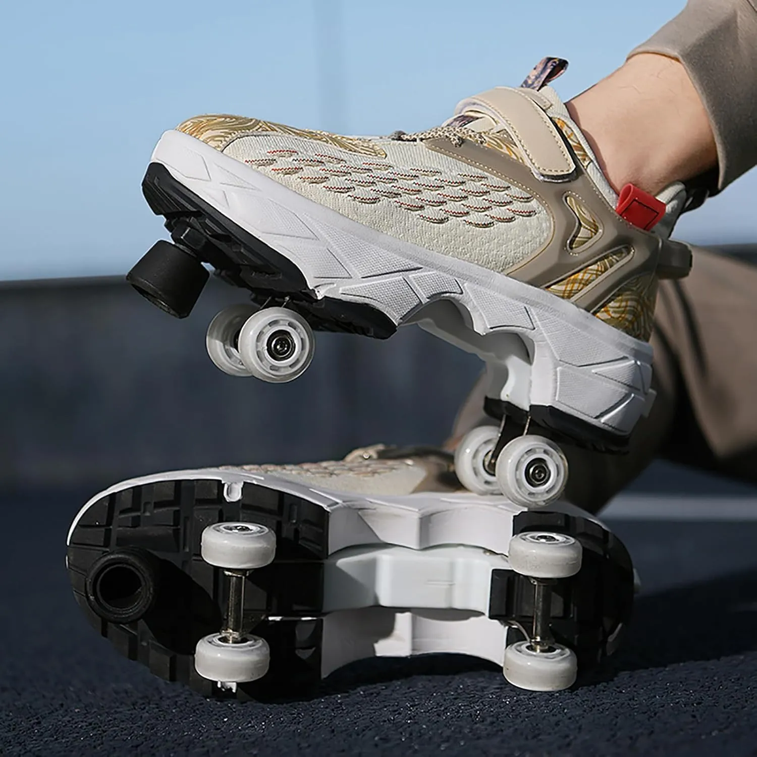 2 in 1 Deformation Roller Shoes, Roller Skate Shoes Outdoor with Detachable Brake Removable Pulley Skates Sneakers Skating Parkour with Wheels for Girls Boys