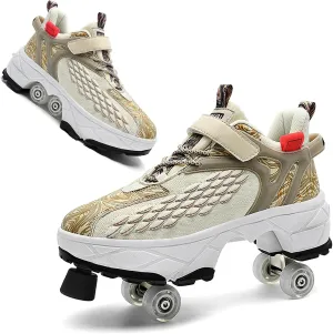 2 in 1 Deformation Roller Shoes, Roller Skate Shoes Outdoor with Detachable Brake Removable Pulley Skates Sneakers Skating Parkour with Wheels for Girls Boys