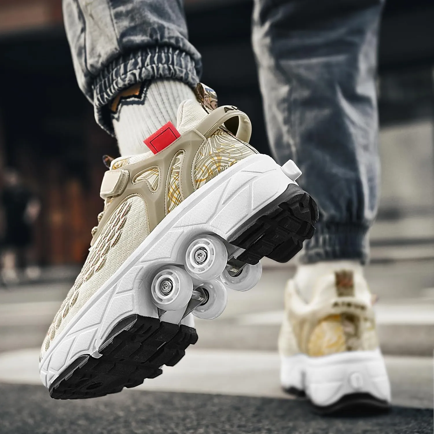 2 in 1 Deformation Roller Shoes, Roller Skate Shoes Outdoor with Detachable Brake Removable Pulley Skates Sneakers Skating Parkour with Wheels for Girls Boys
