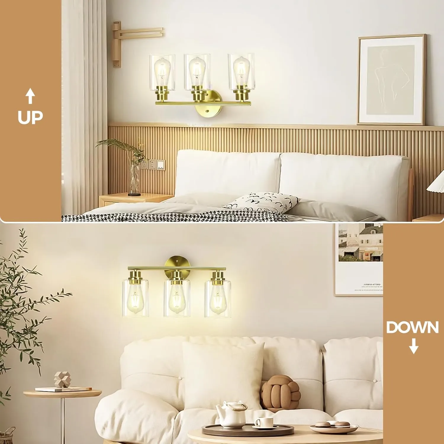 3-Light Brushed Gold Bathroom Vanity Lighting Fixtures Over Mirror, Modern Wall Sconces with Clear Glass Shade, Wall Mounted Lamp for Bedroom Hallway Living Room Kitchen,Bulb Not Included