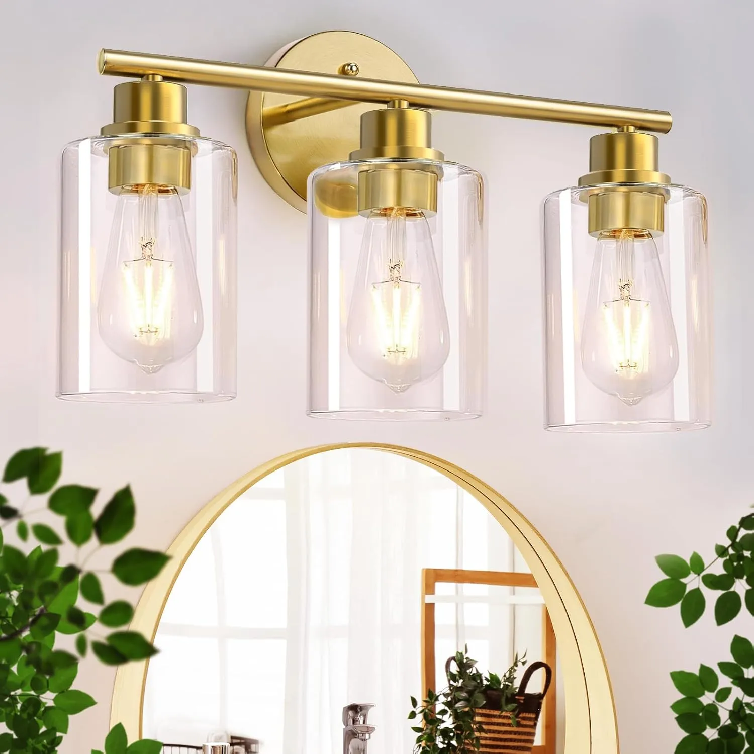 3-Light Brushed Gold Bathroom Vanity Lighting Fixtures Over Mirror, Modern Wall Sconces with Clear Glass Shade, Wall Mounted Lamp for Bedroom Hallway Living Room Kitchen,Bulb Not Included