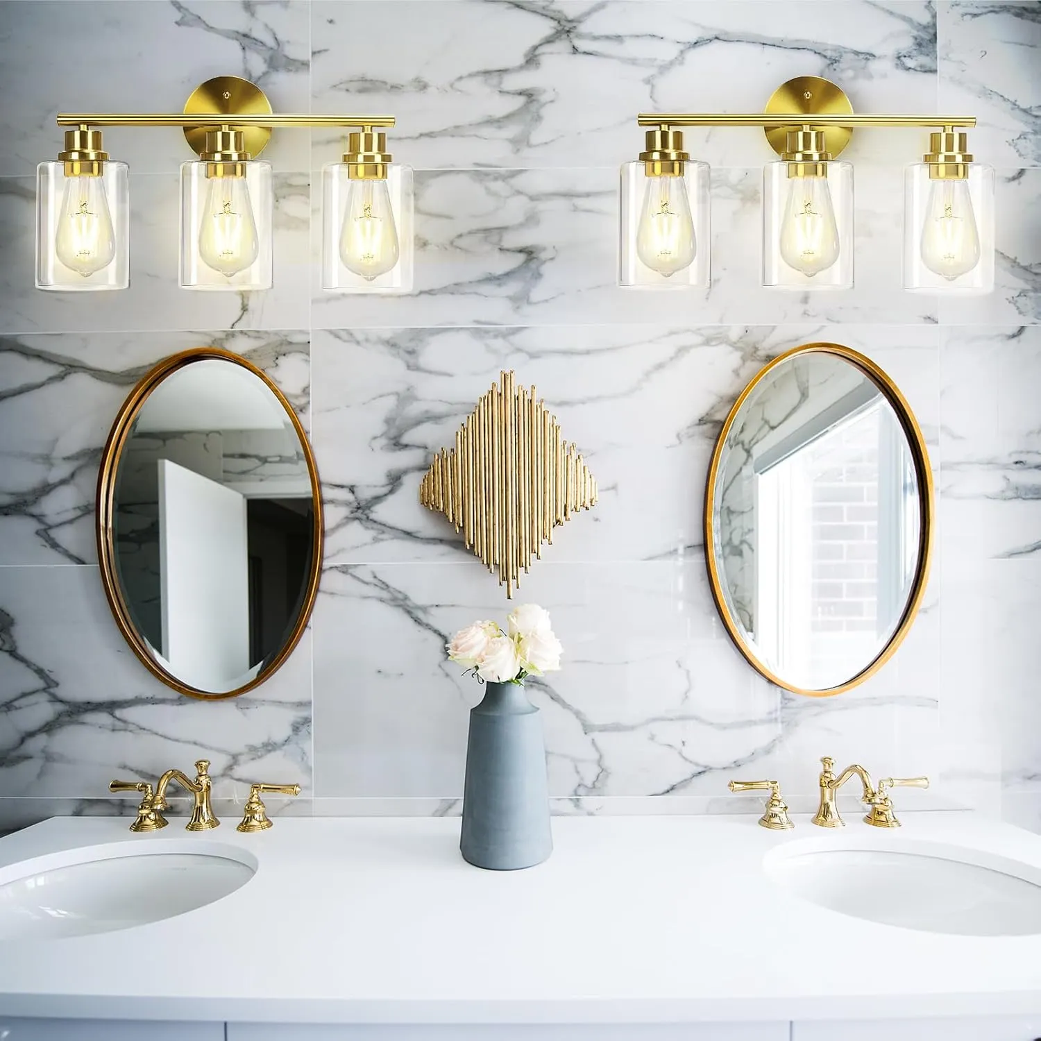 3-Light Brushed Gold Bathroom Vanity Lighting Fixtures Over Mirror, Modern Wall Sconces with Clear Glass Shade, Wall Mounted Lamp for Bedroom Hallway Living Room Kitchen,Bulb Not Included