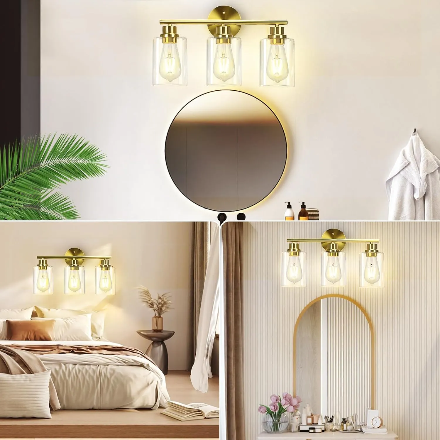3-Light Brushed Gold Bathroom Vanity Lighting Fixtures Over Mirror, Modern Wall Sconces with Clear Glass Shade, Wall Mounted Lamp for Bedroom Hallway Living Room Kitchen,Bulb Not Included