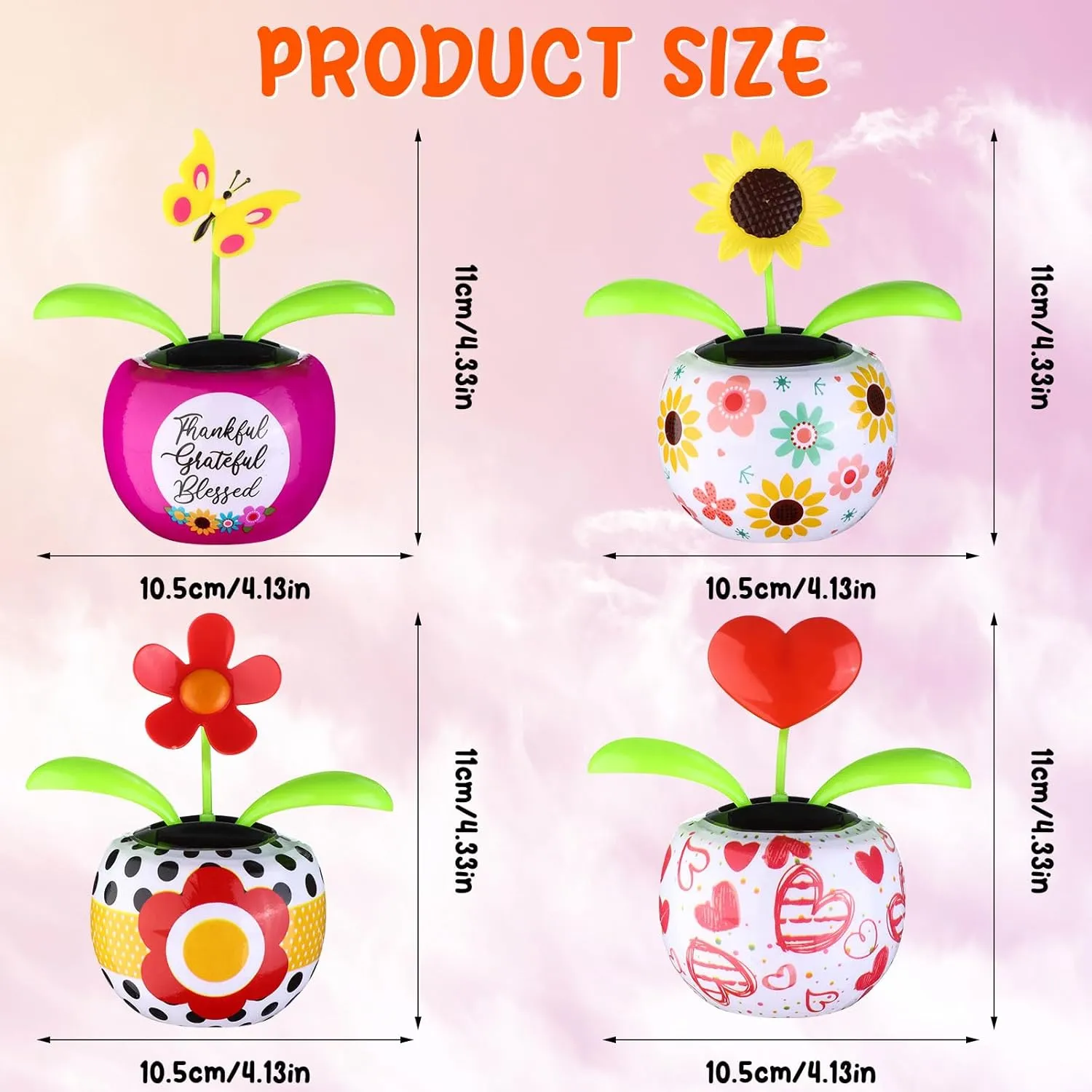 4 Solar Dancing Butterfly Toy Solar Powered Dancing Sun Flower in Colorful Pots Swinging Heart Shape Flip Flap Animated Bobblehead Dancer Window Rose Sun Catcher Car Dashboard Decor