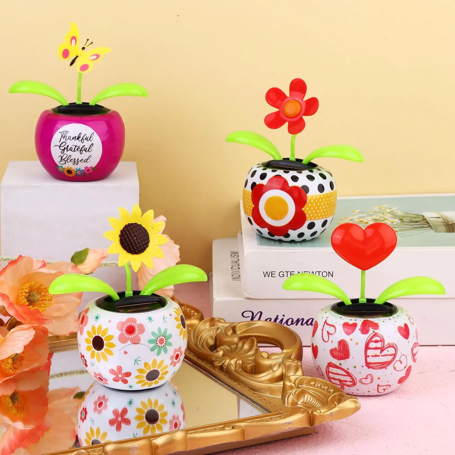 4 Solar Dancing Butterfly Toy Solar Powered Dancing Sun Flower in Colorful Pots Swinging Heart Shape Flip Flap Animated Bobblehead Dancer Window Rose Sun Catcher Car Dashboard Decor