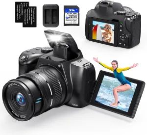 4K Digital Cameras for Photography, 12X Optical Zoom 72MP Vlogging Camera for YouTube with 270°Flip Screen, Autofocus & Anti-Shake Camera, Wi-Fi & App-Controlled 4K Camera, 2 Batteries, 32GB SD Card