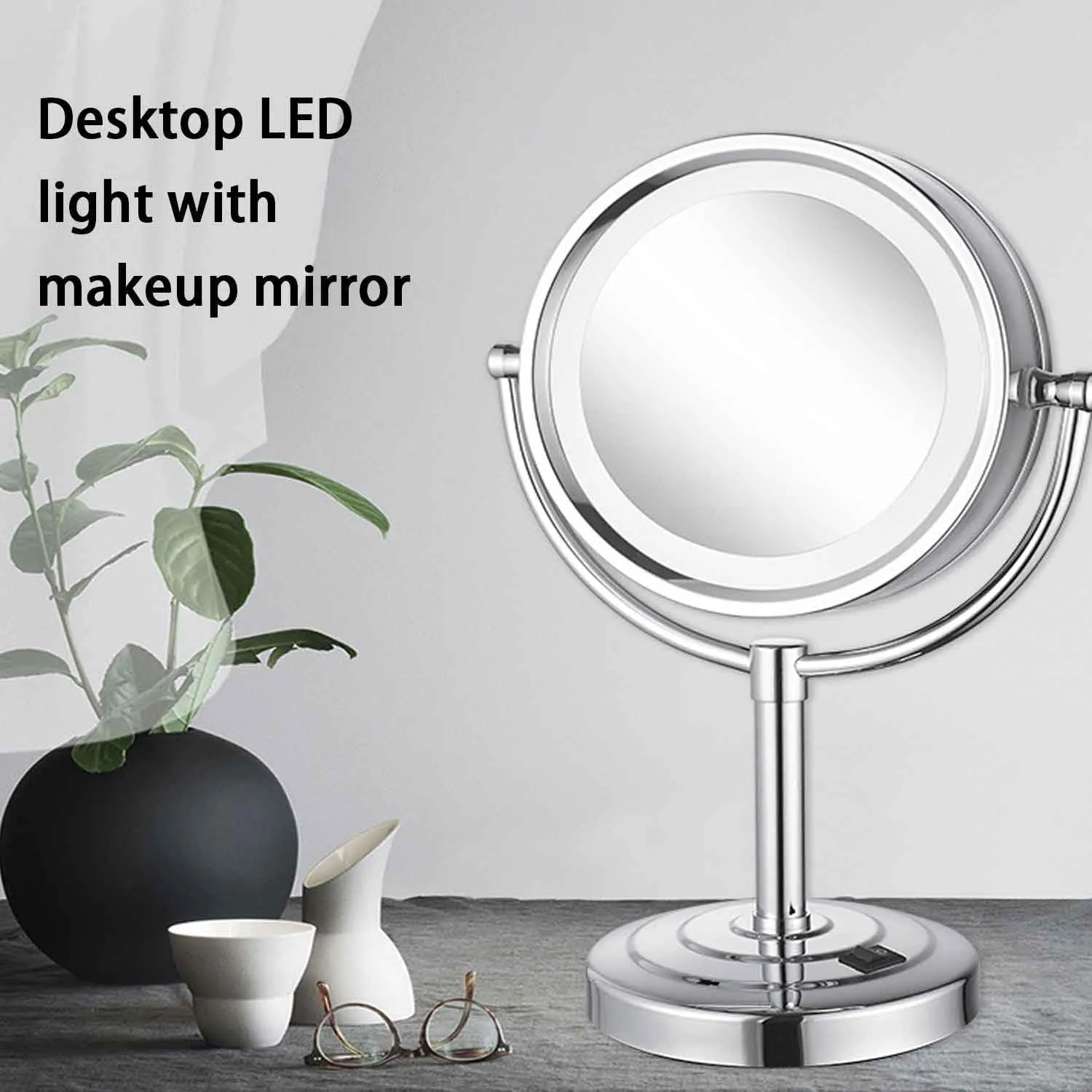 8.5 Inch Tabletop LED Lighted Makeup Mirror with Magnification, Brushed Nickel Double Sided Desk Vanity Mirror, Plug PoweredChrome,5X