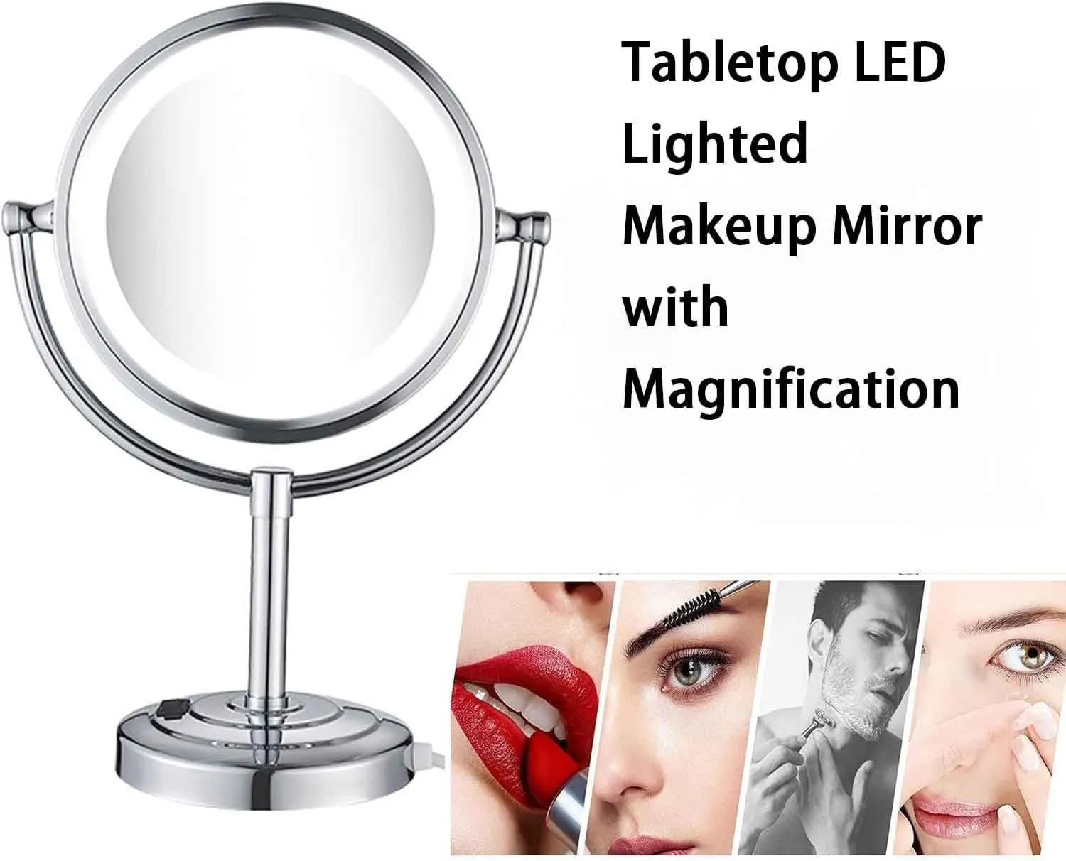 8.5 Inch Tabletop LED Lighted Makeup Mirror with Magnification, Brushed Nickel Double Sided Desk Vanity Mirror, Plug PoweredChrome,5X
