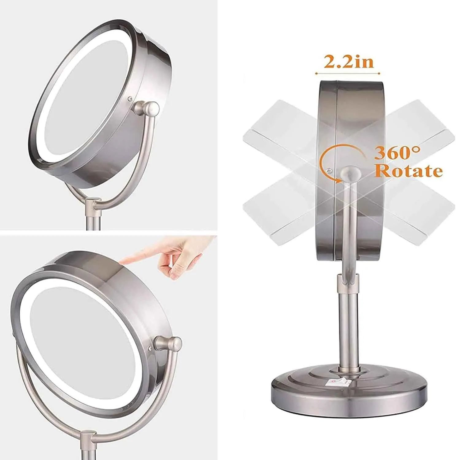 8.5 Inch Tabletop LED Lighted Makeup Mirror with Magnification, Brushed Nickel Double Sided Desk Vanity Mirror, Plug PoweredChrome,5X