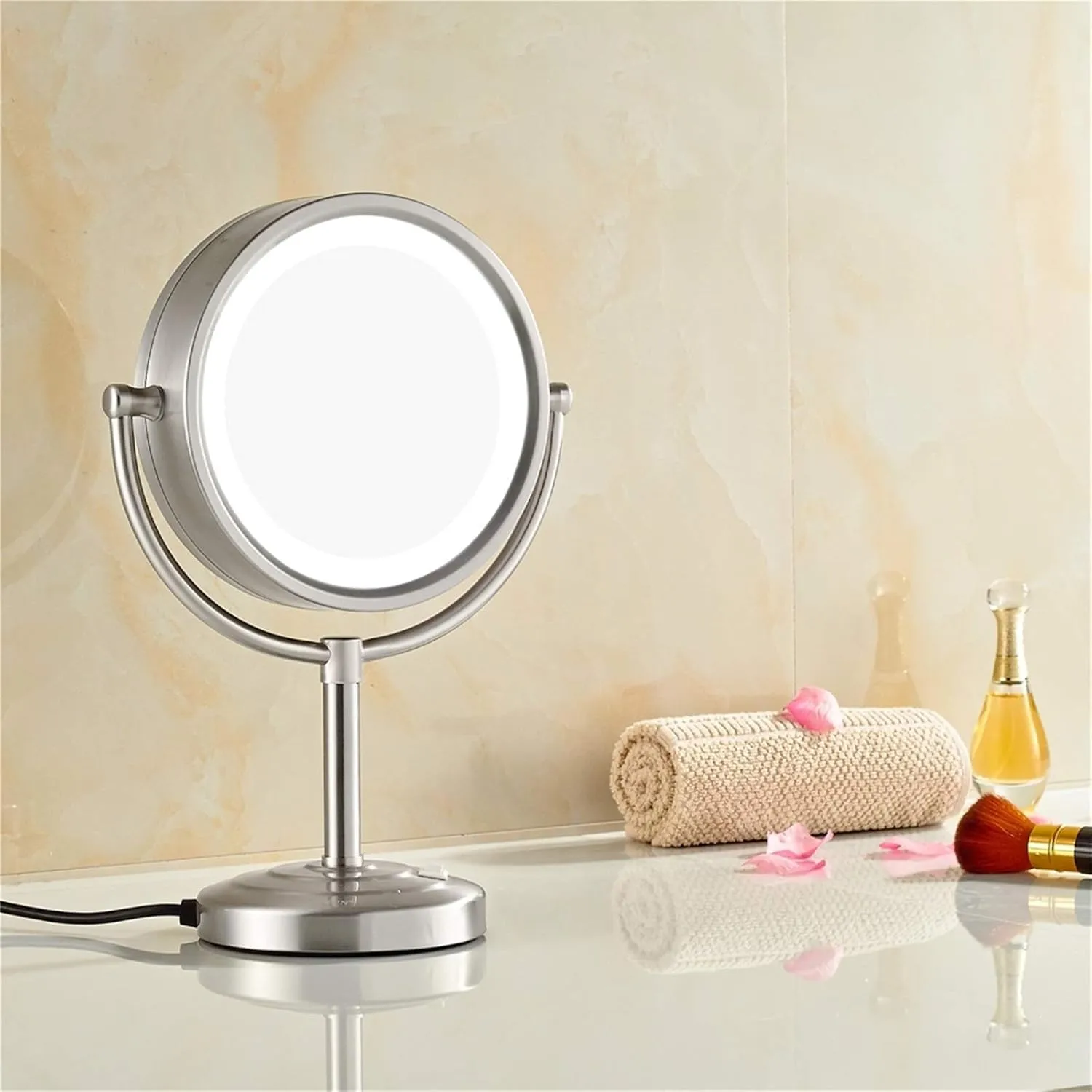 8.5 Inch Tabletop LED Lighted Makeup Mirror with Magnification, Brushed Nickel Double Sided Desk Vanity Mirror, Plug PoweredChrome,5X