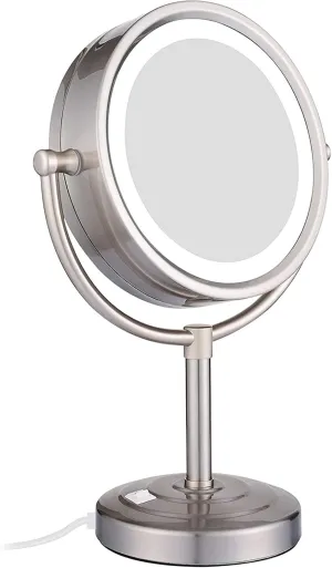 8.5 Inch Tabletop LED Lighted Makeup Mirror with Magnification, Brushed Nickel Double Sided Desk Vanity Mirror, Plug PoweredChrome,5X