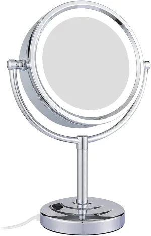 8.5 Inch Tabletop LED Lighted Makeup Mirror with Magnification, Chrome Finish Double Sided Desk Vanity Mirror, Plug Powered,5x