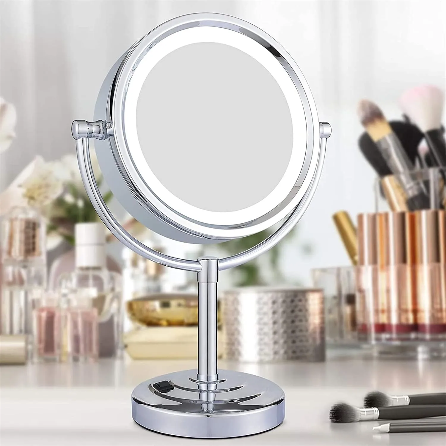 8.5 Inch Tabletop LED Lighted Makeup Mirror with Magnification, Chrome Finish Double Sided Desk Vanity Mirror, Plug Powered,5x