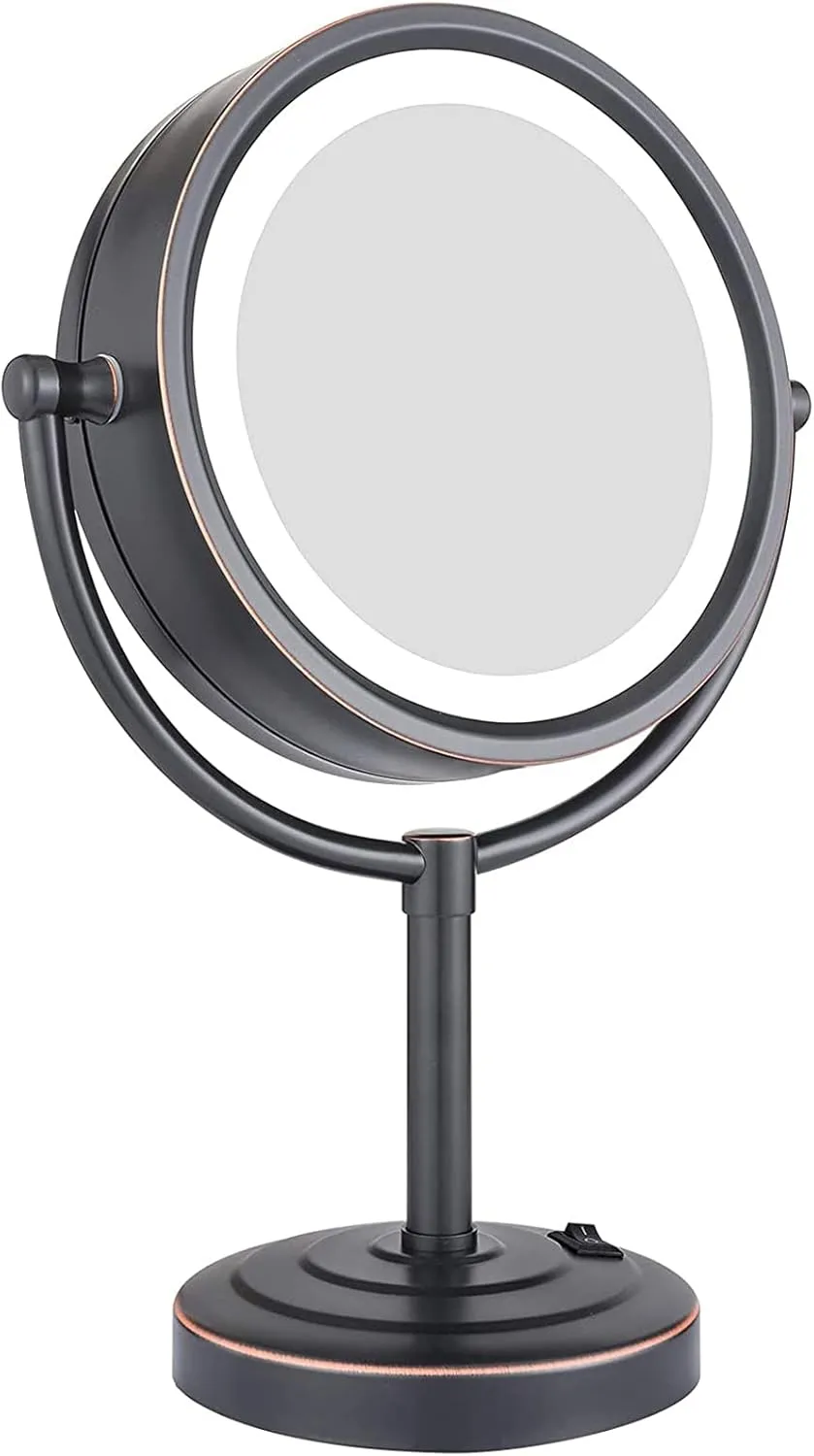 8.5 Inch Tabletop LED Lighted Makeup Mirror with Magnification, Oil Rubbed Bronze Black Double-Sided Shaving Vanity Mirror, Plug Powered,10X