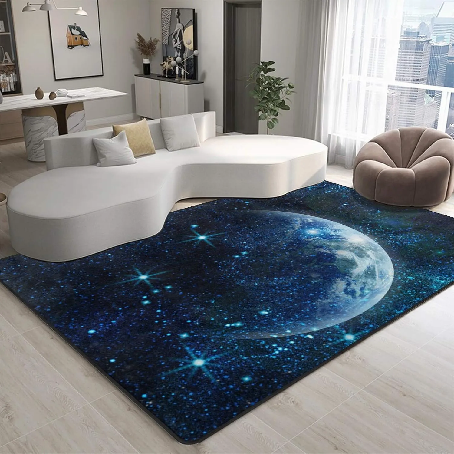 9CH Galaxy Moon Area Rug Mat - Planet Earth in Space Large Rugs Carpet for Home Decor Living Bedroom Dinning Room Indoor Non-Slip Floor Mat 6' X 9'
