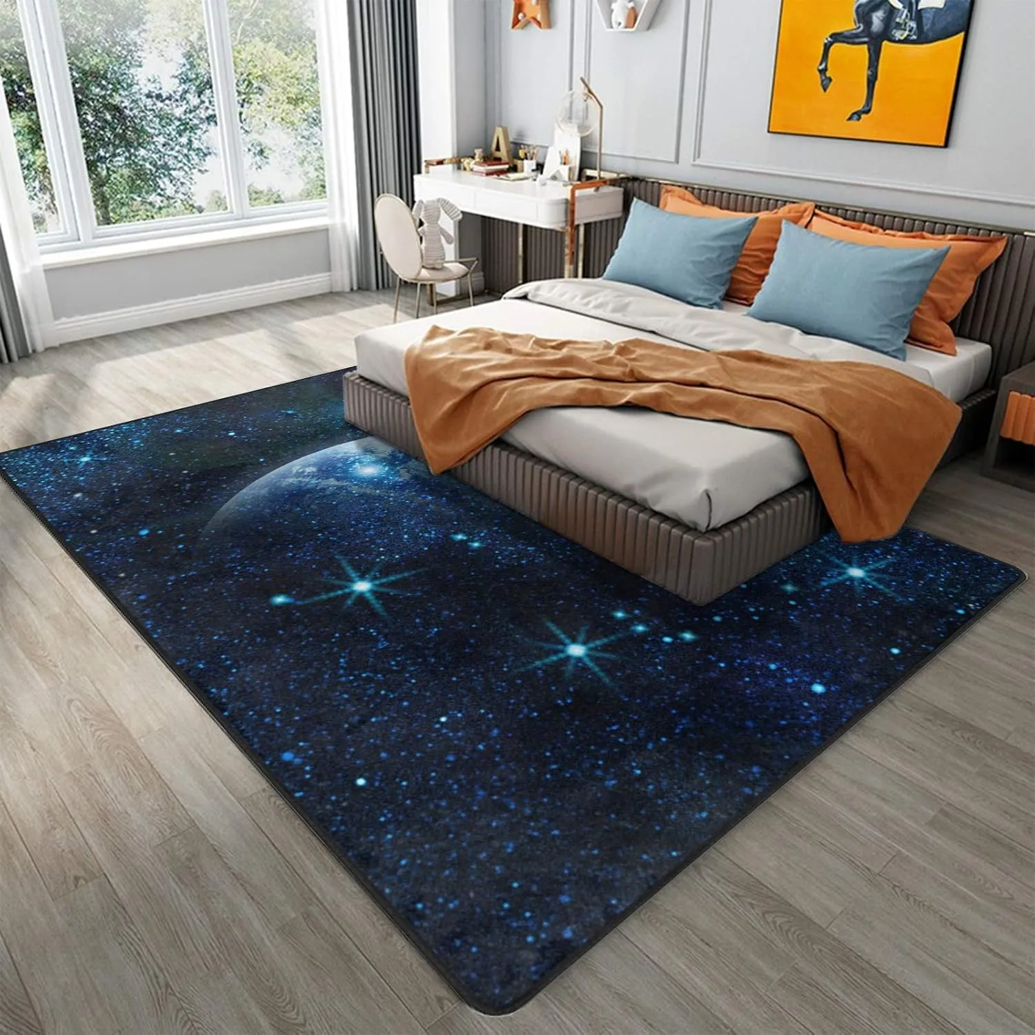 9CH Galaxy Moon Area Rug Mat - Planet Earth in Space Large Rugs Carpet for Home Decor Living Bedroom Dinning Room Indoor Non-Slip Floor Mat 6' X 9'