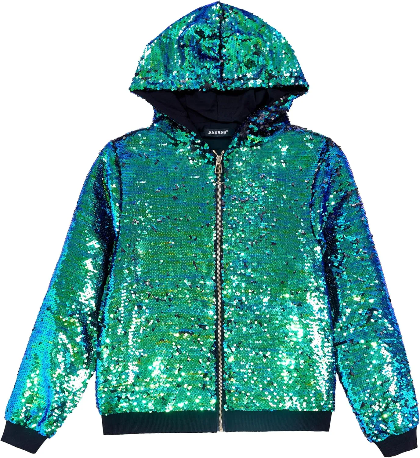 A ARFAR Women Sequin Jackets Flip Glitter Varsity Hooded Sparkly Coat Party Outwear Ladies Shiny Cloth