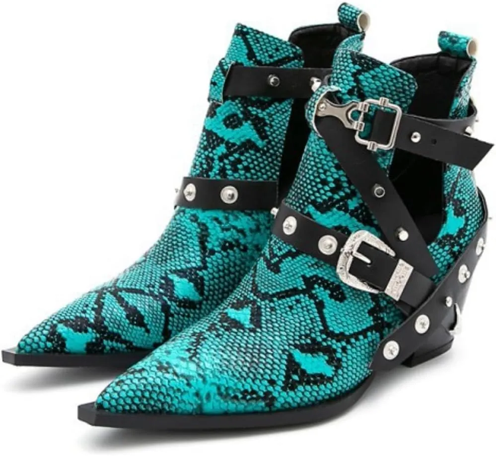 Aflngle Women's Chunky Heel Block Snakeskin Printed Ankle Boots Pointed Closed Toe Cutout Low Heel Slip on Chelsea Short Boots Rivet Western Cowboy Boots