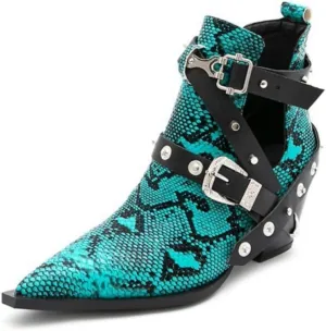 Aflngle Women's Chunky Heel Block Snakeskin Printed Ankle Boots Pointed Closed Toe Cutout Low Heel Slip on Chelsea Short Boots Rivet Western Cowboy Boots