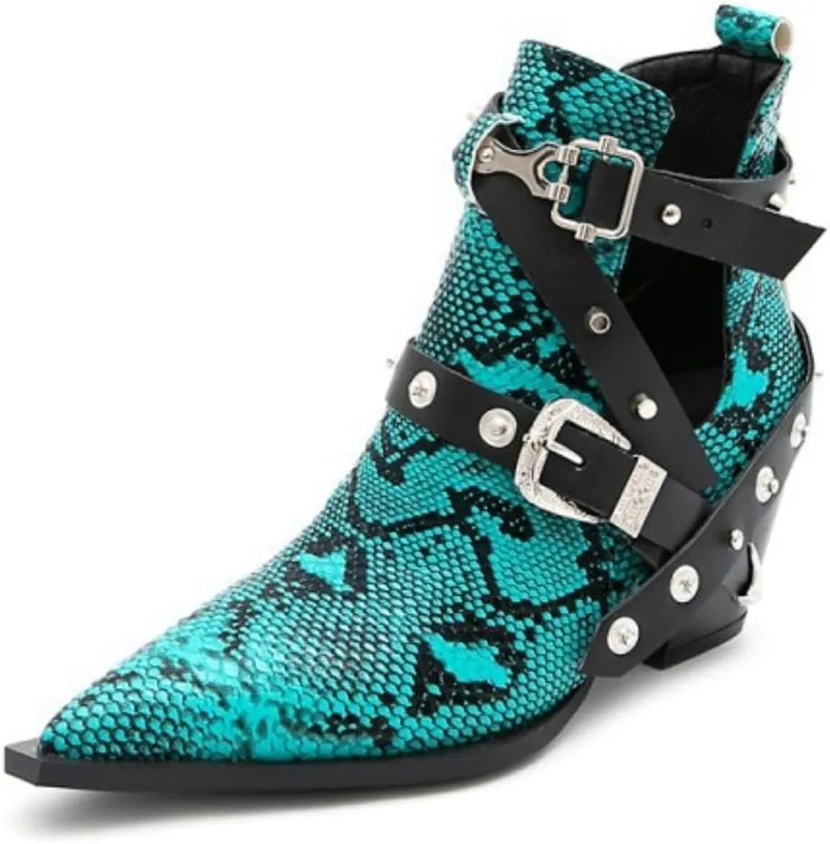 Aflngle Women's Chunky Heel Block Snakeskin Printed Ankle Boots Pointed Closed Toe Cutout Low Heel Slip on Chelsea Short Boots Rivet Western Cowboy Boots