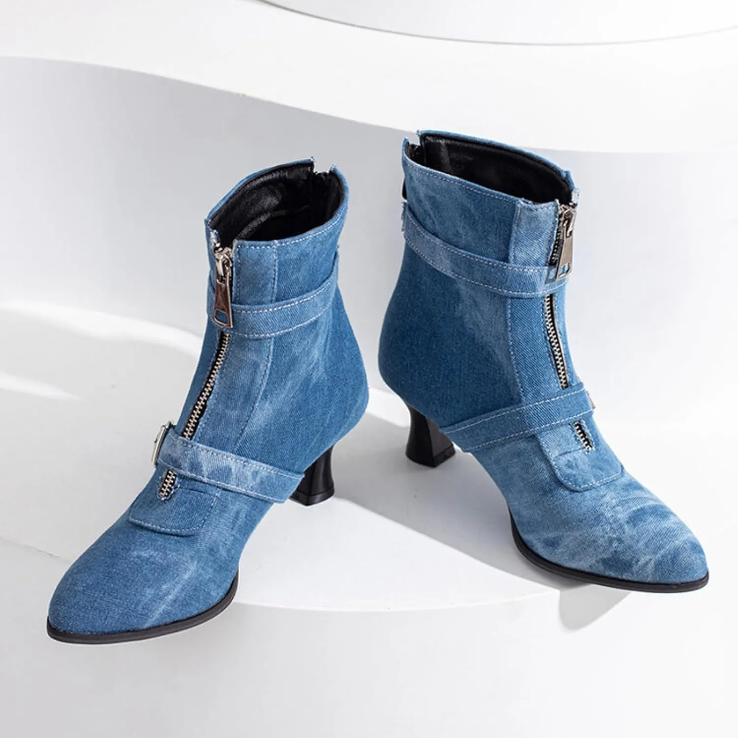 Aflngle Women's Sexy Kitten Low Heel Back Zipper Ankle Boots Pointed Closed Toe Chunky Buckle Short Booties Fashion Evening Party Prom Dress Shoes
