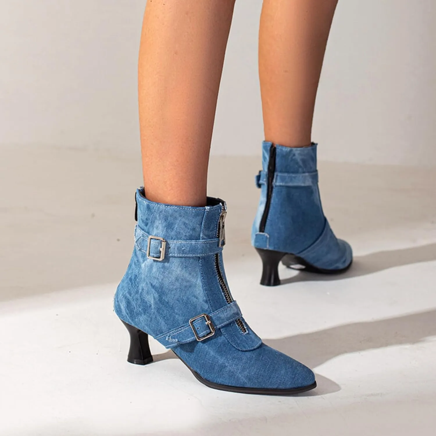 Aflngle Women's Sexy Kitten Low Heel Back Zipper Ankle Boots Pointed Closed Toe Chunky Buckle Short Booties Fashion Evening Party Prom Dress Shoes