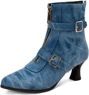 Aflngle Women's Sexy Kitten Low Heel Back Zipper Ankle Boots Pointed Closed Toe Chunky Buckle Short Booties Fashion Evening Party Prom Dress Shoes