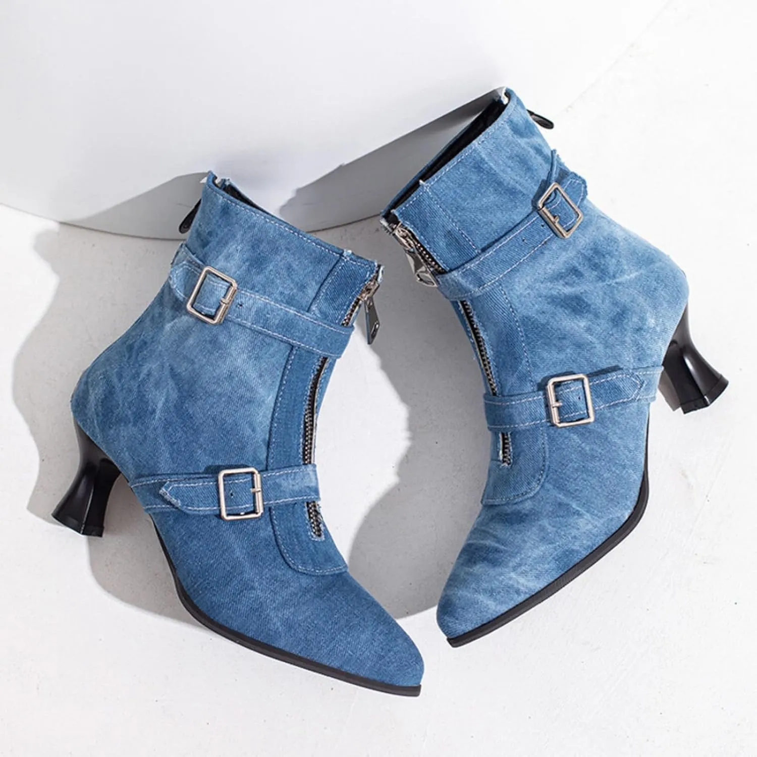 Aflngle Women's Sexy Kitten Low Heel Back Zipper Ankle Boots Pointed Closed Toe Chunky Buckle Short Booties Fashion Evening Party Prom Dress Shoes
