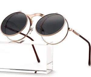AIEYEZO Round Flip Up Sunglasses for Men and Women Rave Flip Glasses 90's Retro Steampunk Style