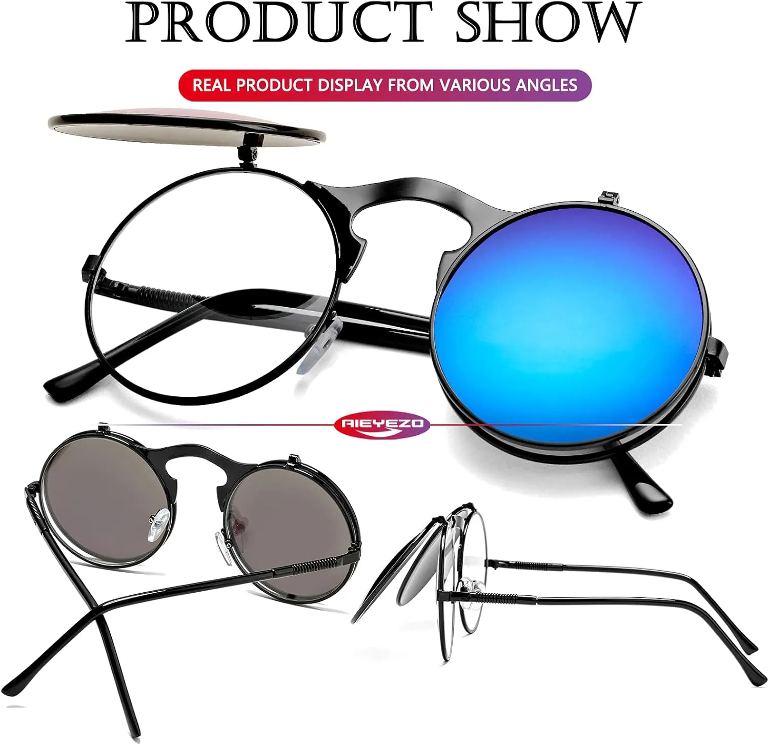 AIEYEZO Round Flip Up Sunglasses for Men and Women Rave Flip Glasses 90's Retro Steampunk Style
