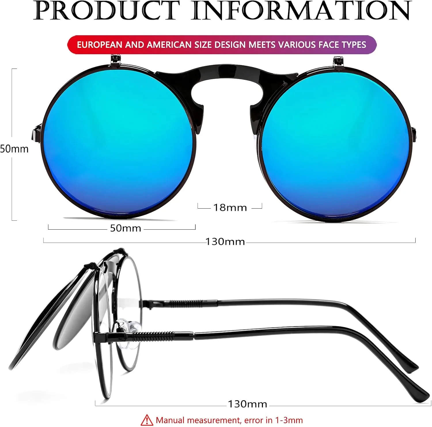 AIEYEZO Round Flip Up Sunglasses for Men and Women Rave Flip Glasses 90's Retro Steampunk Style