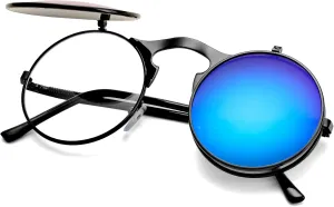 AIEYEZO Round Flip Up Sunglasses for Men and Women Rave Flip Glasses 90's Retro Steampunk Style