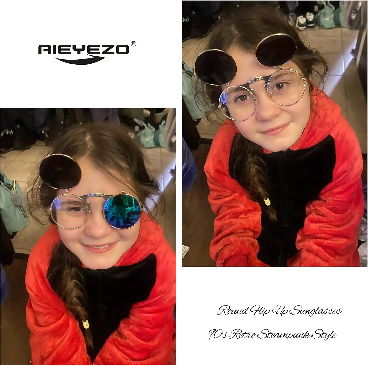 AIEYEZO Round Flip Up Sunglasses for Men and Women Rave Flip Glasses 90's Retro Steampunk Style