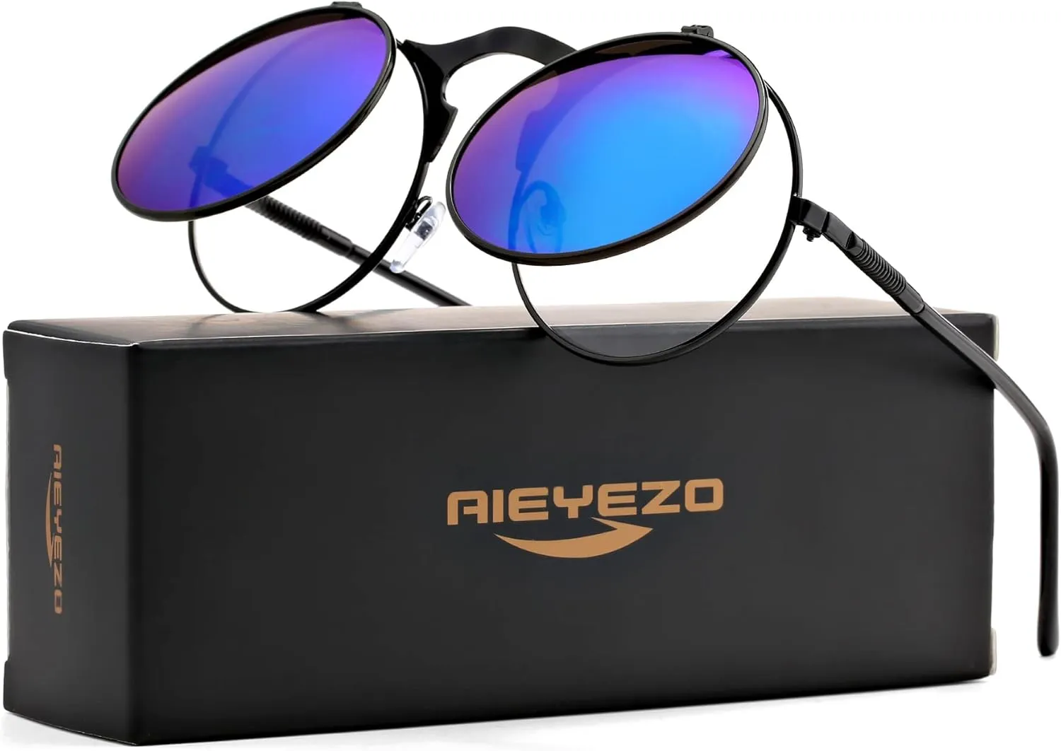 AIEYEZO Round Flip Up Sunglasses for Men and Women Rave Flip Glasses 90's Retro Steampunk Style