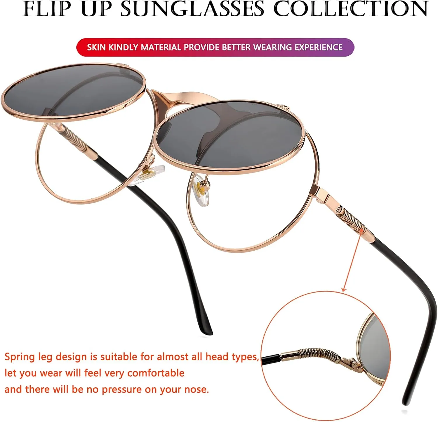 AIEYEZO Round Flip Up Sunglasses for Men and Women Rave Flip Glasses 90's Retro Steampunk Style