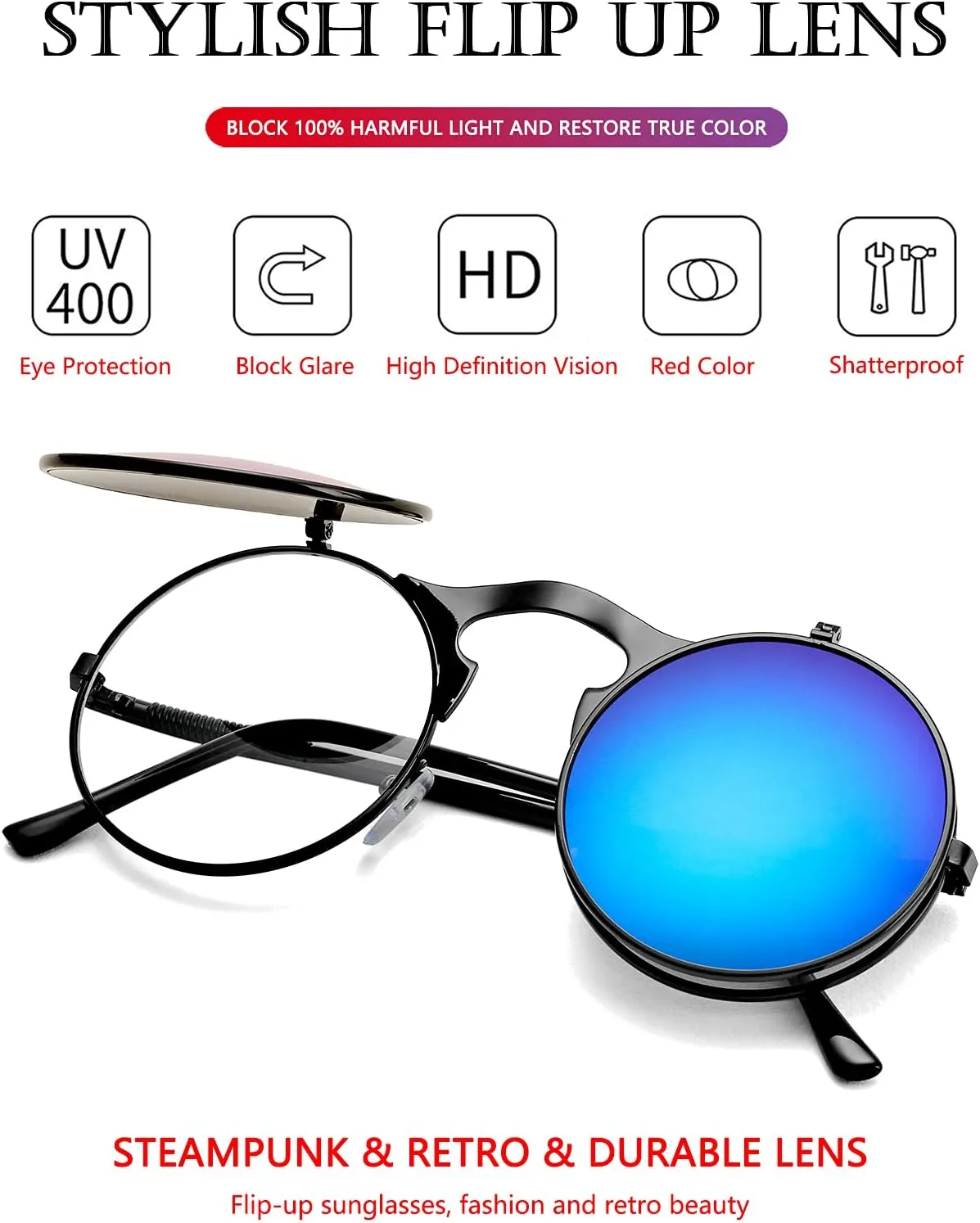 AIEYEZO Round Flip Up Sunglasses for Men and Women Rave Flip Glasses 90's Retro Steampunk Style