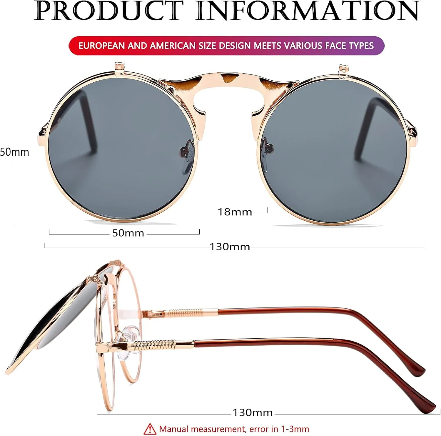 AIEYEZO Round Flip Up Sunglasses for Men and Women Rave Flip Glasses 90's Retro Steampunk Style