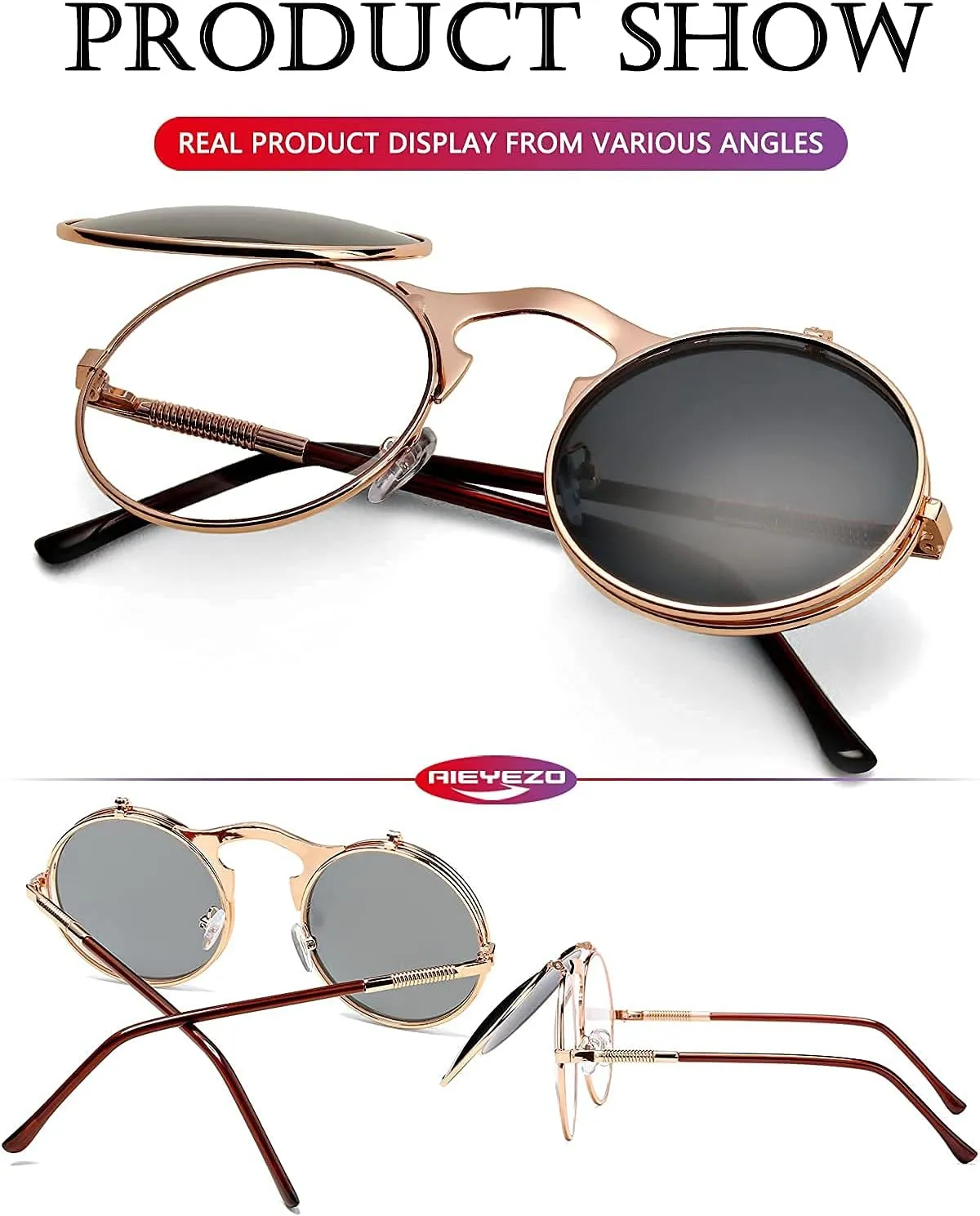 AIEYEZO Round Flip Up Sunglasses for Men and Women Rave Flip Glasses 90's Retro Steampunk Style