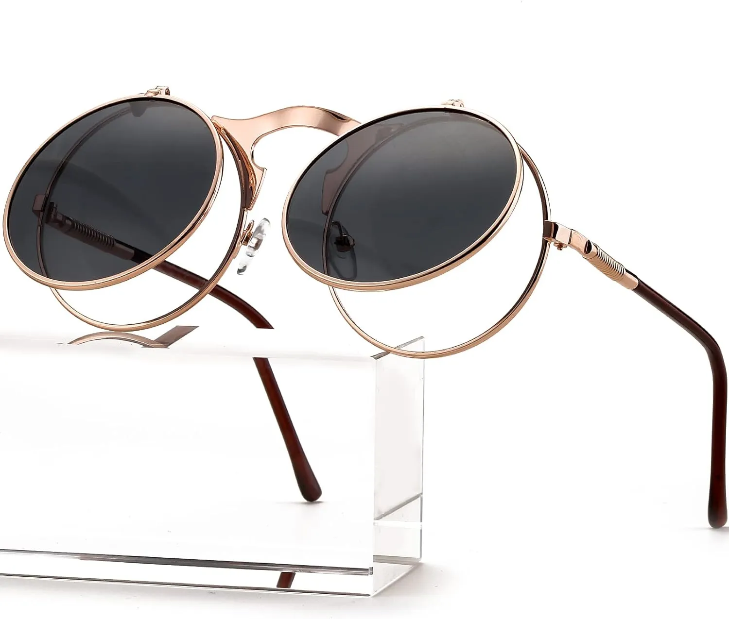 AIEYEZO Round Flip Up Sunglasses for Men and Women Rave Flip Glasses 90's Retro Steampunk Style