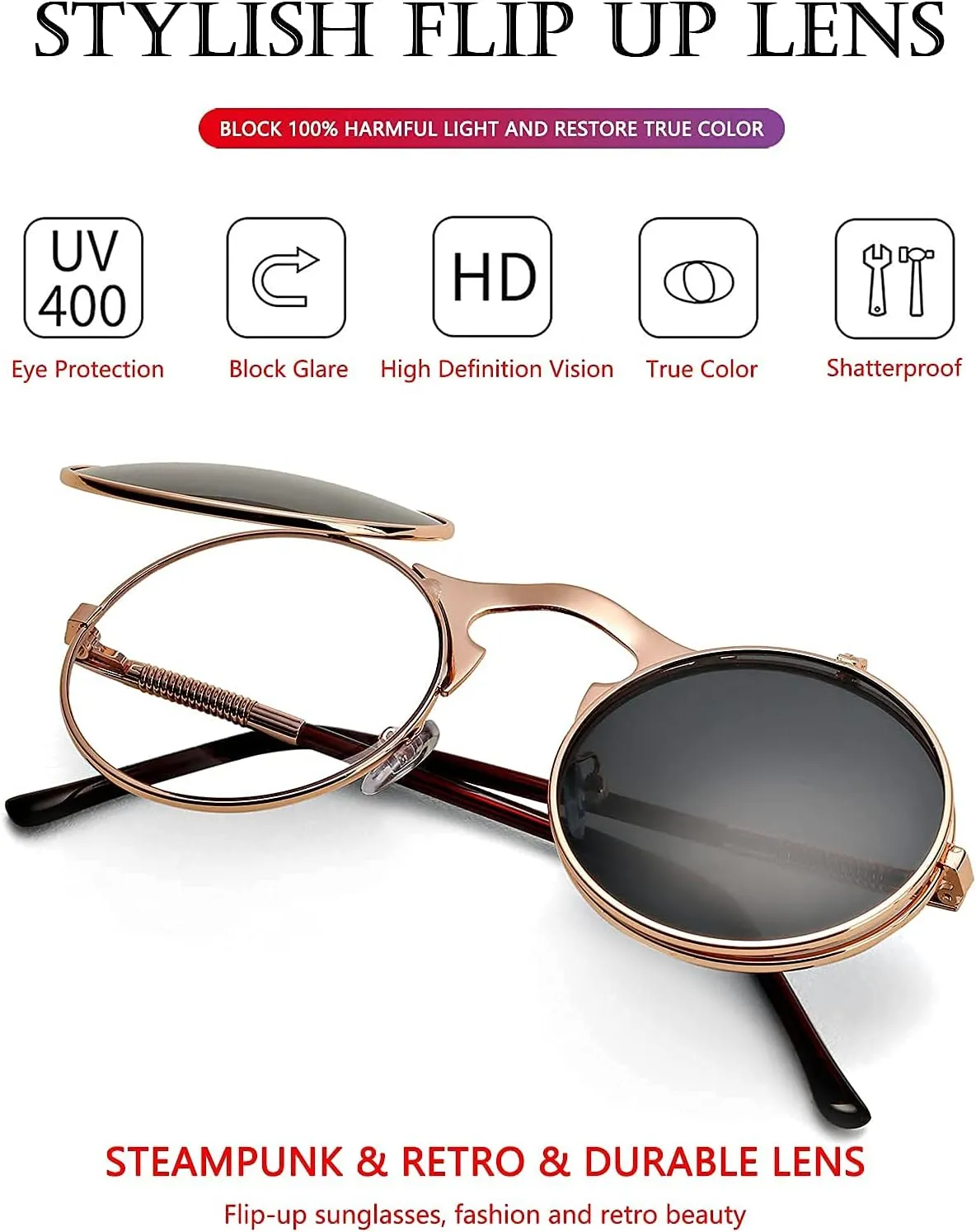 AIEYEZO Round Flip Up Sunglasses for Men and Women Rave Flip Glasses 90's Retro Steampunk Style
