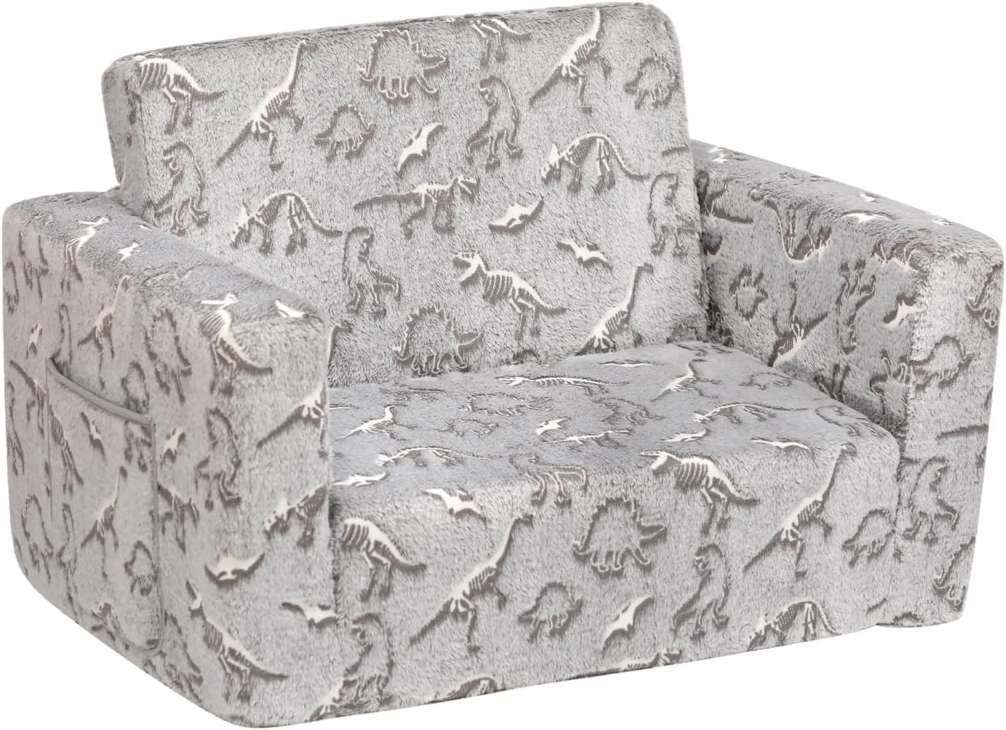 ALIMORDEN 2-in-1 Flip Out Cuddly Sherpa Toddler Couch, Convertible Sofa to Lounger, Glow in The Dark,Dinosaurs