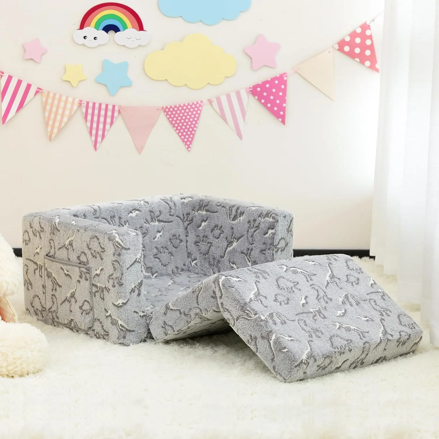 ALIMORDEN 2-in-1 Flip Out Cuddly Sherpa Toddler Couch, Convertible Sofa to Lounger, Glow in The Dark,Dinosaurs