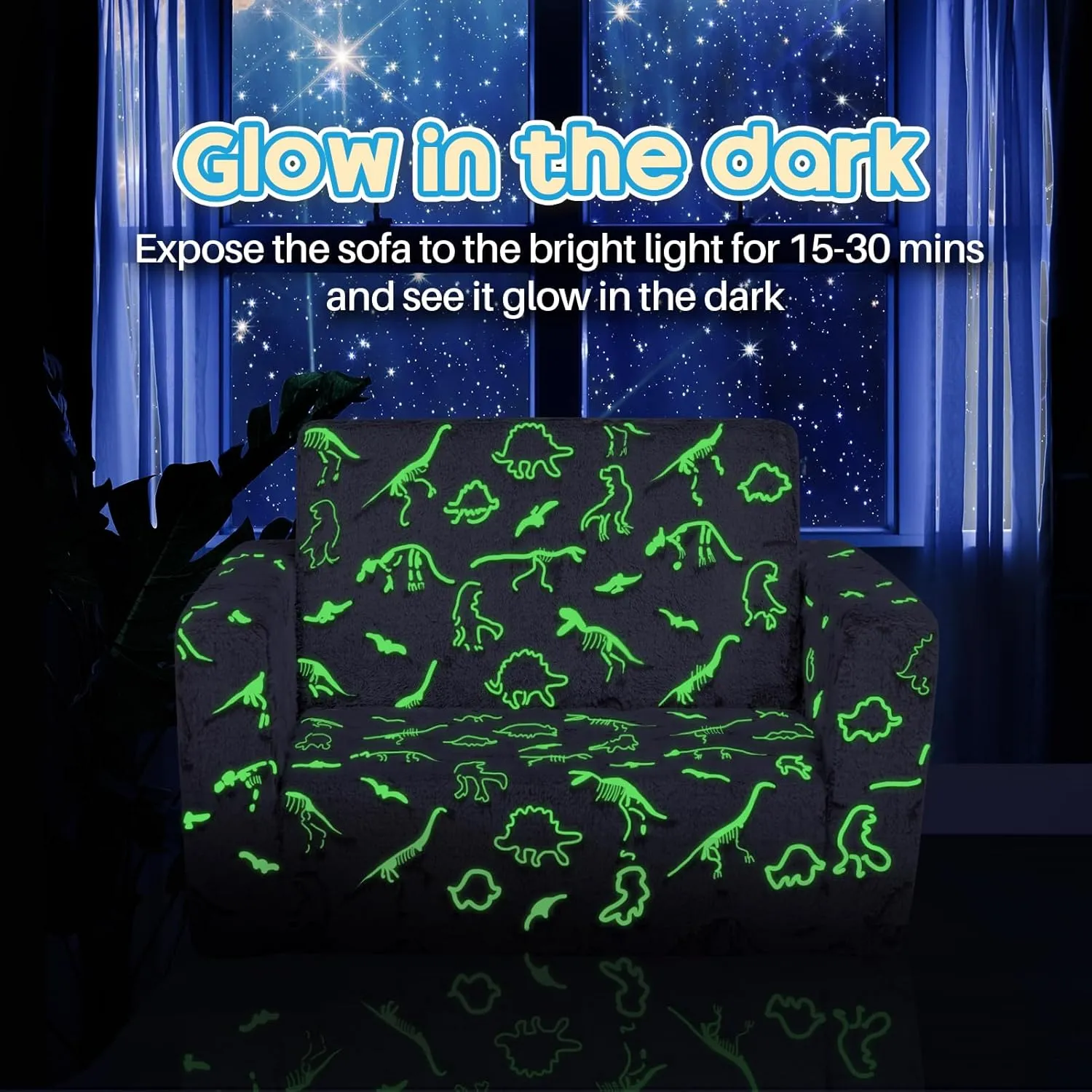 ALIMORDEN 2-in-1 Flip Out Cuddly Sherpa Toddler Couch, Convertible Sofa to Lounger, Glow in The Dark,Dinosaurs