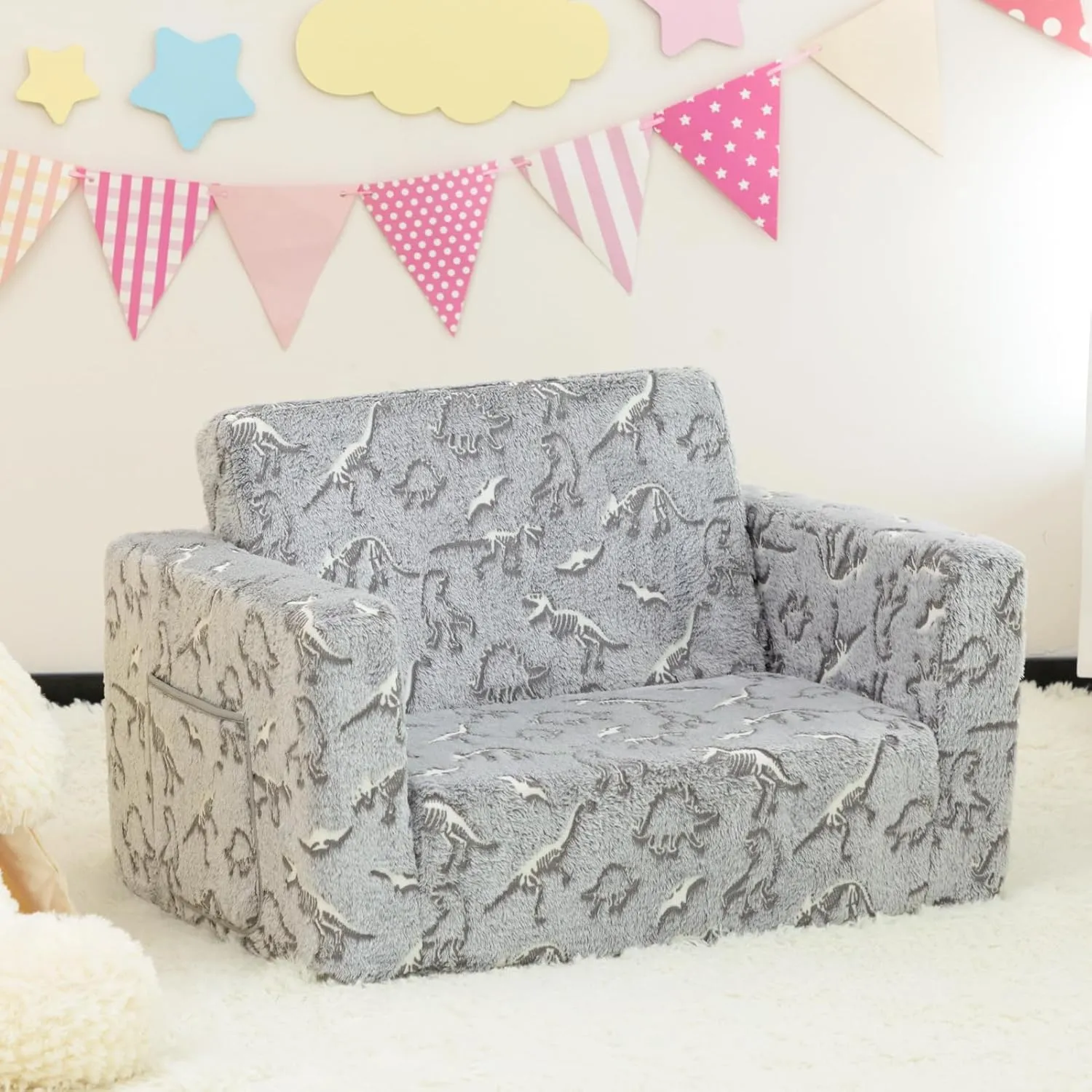ALIMORDEN 2-in-1 Flip Out Cuddly Sherpa Toddler Couch, Convertible Sofa to Lounger, Glow in The Dark,Dinosaurs