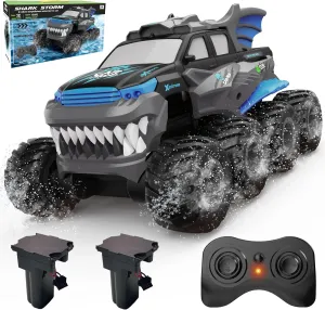 Amphibious Remote Control Car 8WD RC Monster Truck with 2 Rechargeable Batteries for Boys Age 8-12 Offroad Waterproof RC Pickup All Terrain RC Drift Cars Beach Pool Toys Gifts for Kids Blue