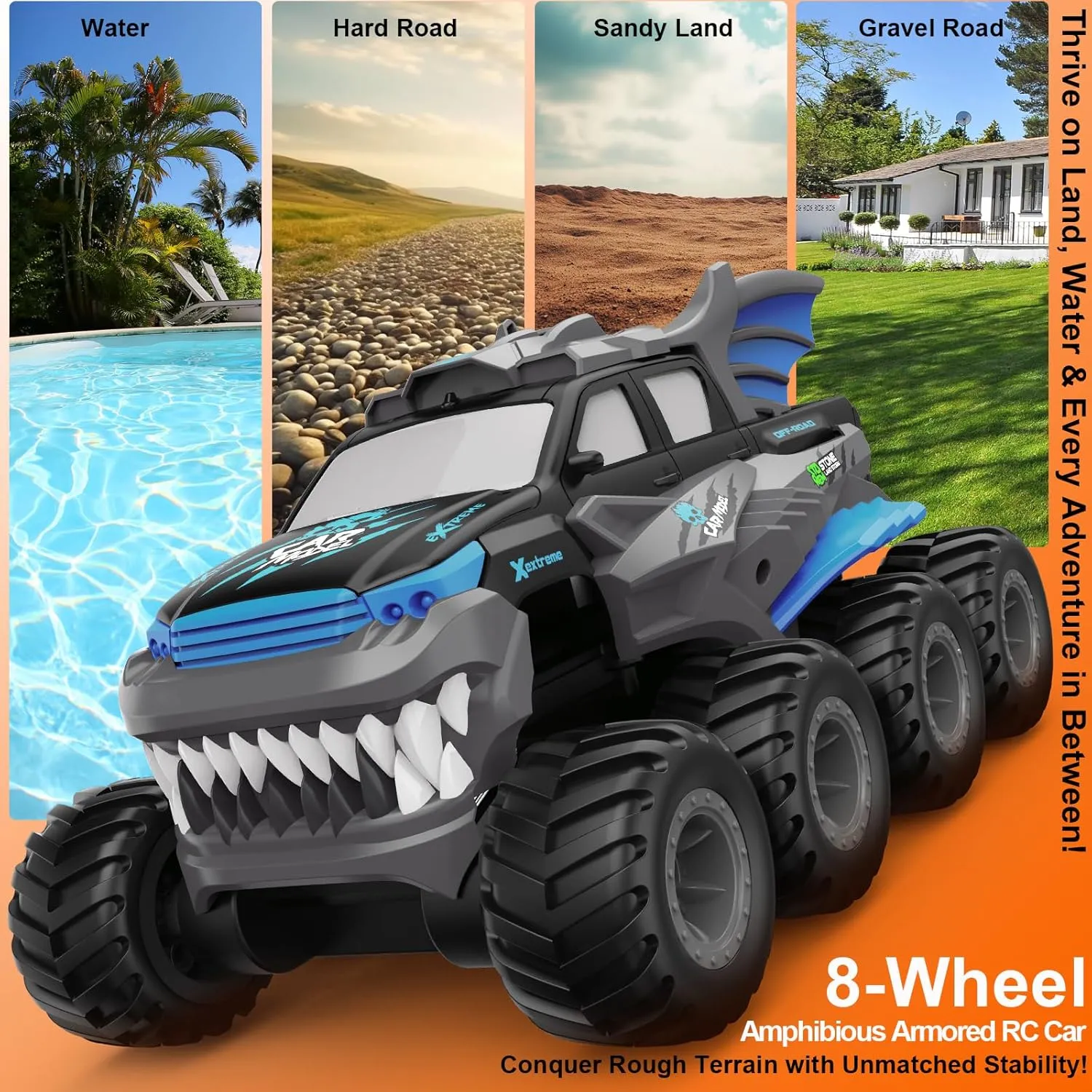 Amphibious Remote Control Car 8WD RC Monster Truck with 2 Rechargeable Batteries for Boys Age 8-12 Offroad Waterproof RC Pickup All Terrain RC Drift Cars Beach Pool Toys Gifts for Kids Blue